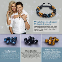 Vicsoon Bracelets for Men Women, Triple Protection Bracelet with 8mm Blue Yellow Tigers Eye Black Obsidian, Adjustable Healing Stone Handmade Bracelet, Beads Crystal Jewelry Bring Luck and Happiness Blue Yellow Black