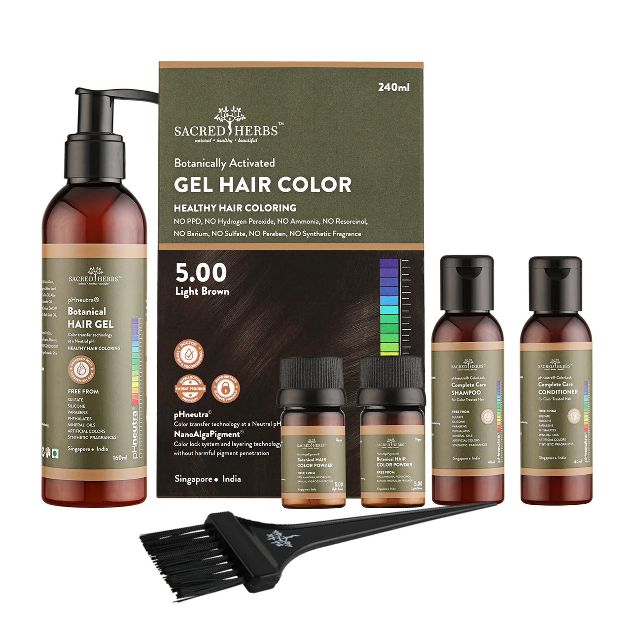 SACRED HERBS Ammonia & PPD Free Organic Gel Hair Color | pH Neutral | Long Lasting Colour with 100% Grey Coverage | Conditioning & Damage Free Natural Hair Coloring for Men & Women Light Brown 5.00 - 240ml+20gms