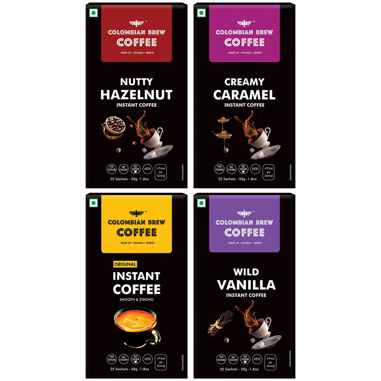 COLOMBIAN BREW COFFEE Hazelnut, Caramel, Vanilla and Pure Instant Coffee Powder, No Sugar Vegan, 4 X 50g