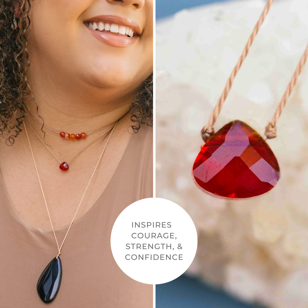 SoulKu Soul Shine Handmade Necklace, Empowering Jewelry With Healing Crystal, Inspirational Jewelry For Women, Mom & Sister, 2" Extender With Lobster Clasp, 16" Nylon Cord (Crimson Red, Strength) Crimson Red