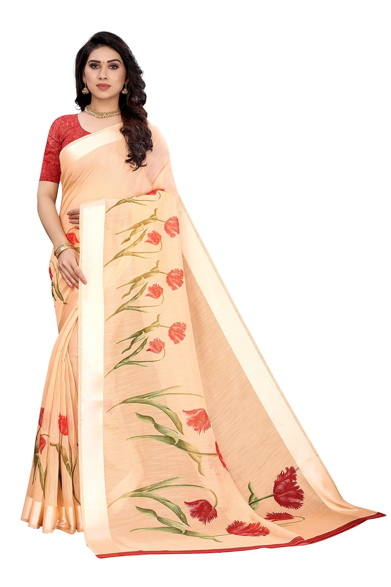 Tarshika Women's  Linen Blend Printed Saree With Blouse Piece(LINEN SAREE_NEW)