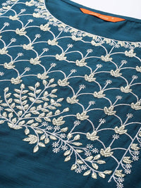 INDO ERA Women's  Silk Blend Embroidered Straight Kurta Palazzo with Dupatta Set (Teal_KH9TL9240_XS to 2XL-Size)