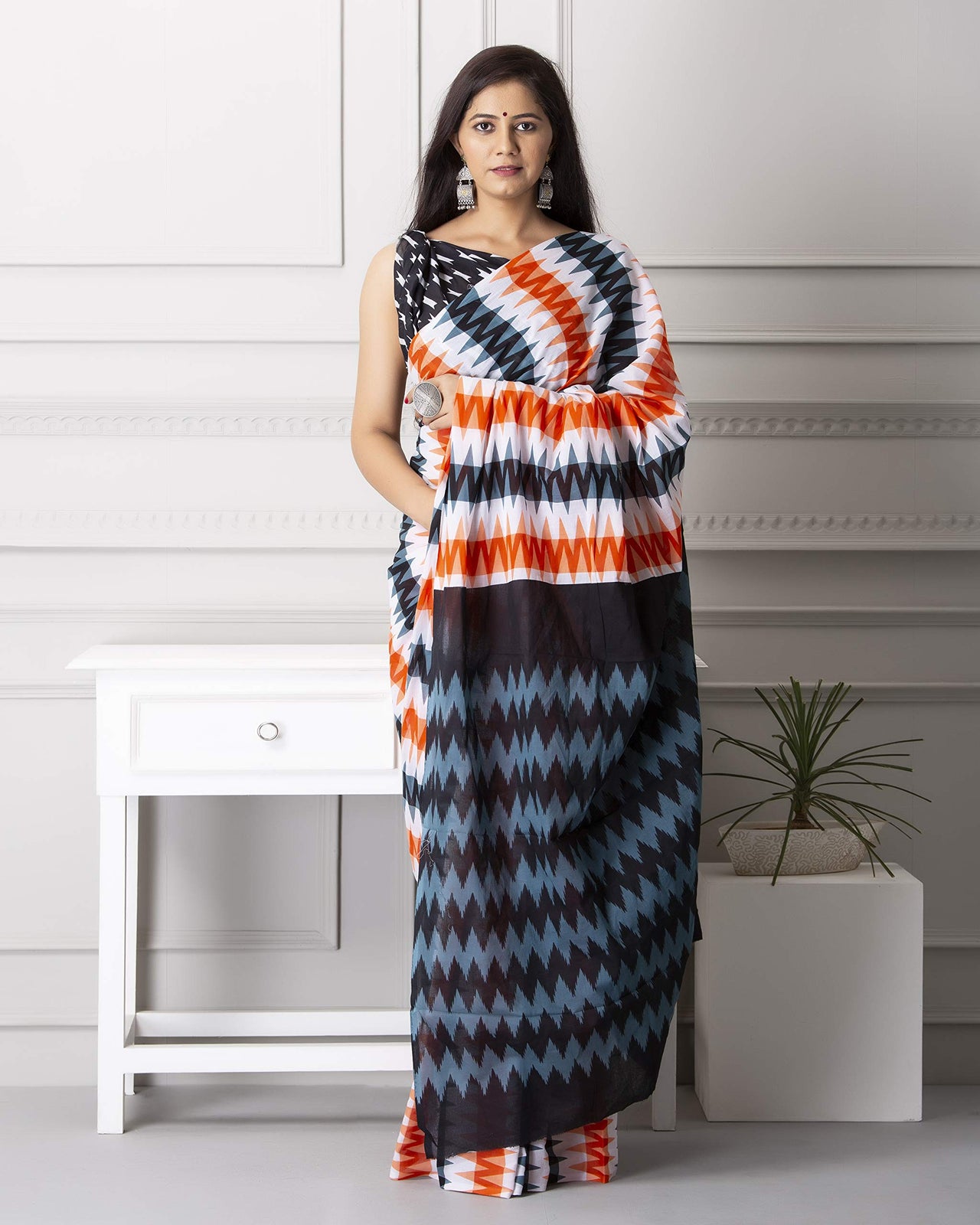 Shivanya Handicrafts Women's  Hand block printed cotton mulmul fabric saree Ikkat printed With Blouse Piece Traditional Jaipuri Print