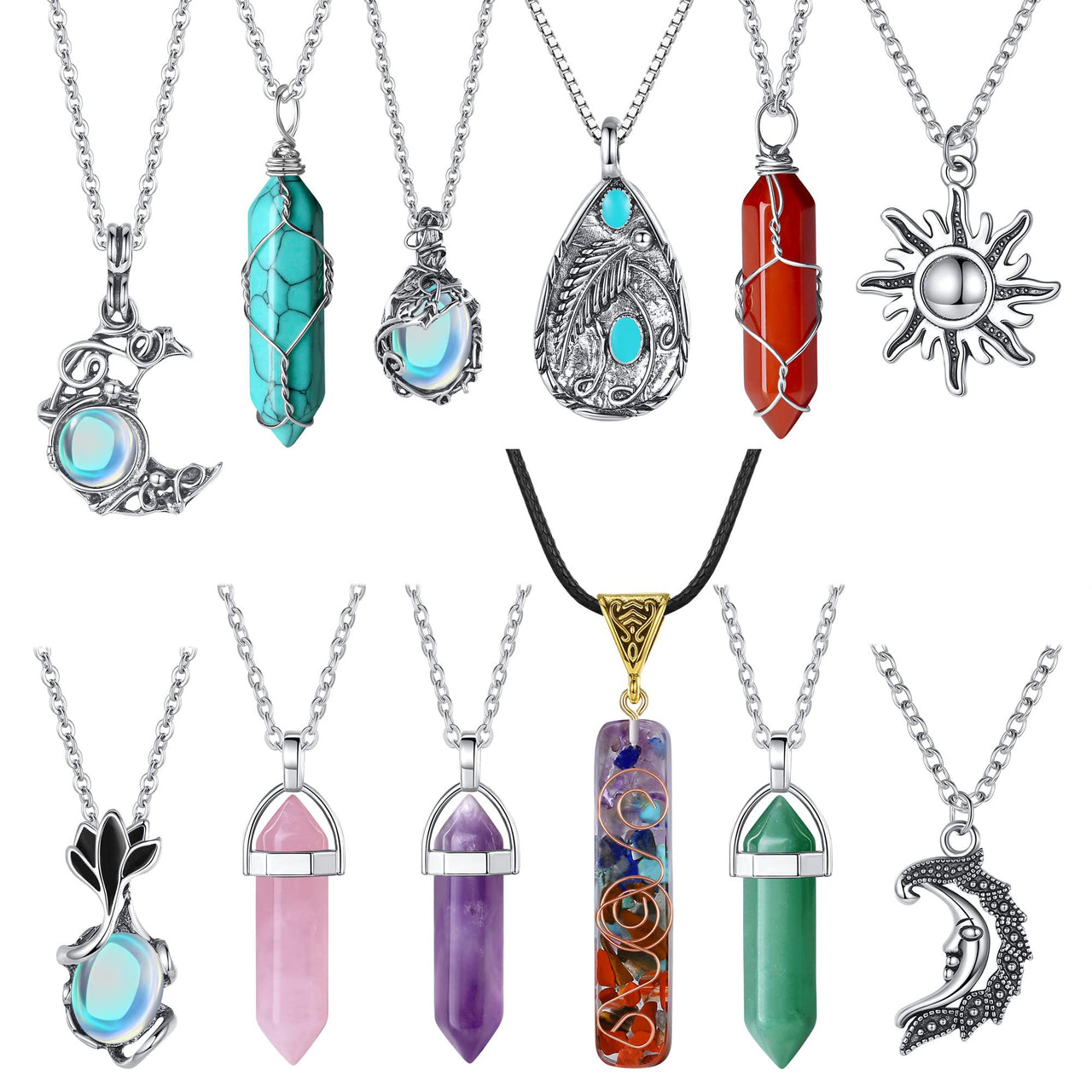 MAIBAOTA 10 Pcs Crystal Necklace Healing Amethyst Crystals Carnelian Chakra Necklaces Evil Eye Necklace Vintage Hippie Wiccan Boho Rose Quartz Moon Sun Jewelry Heart Gemstone Pendant for Women C-12 Pcs