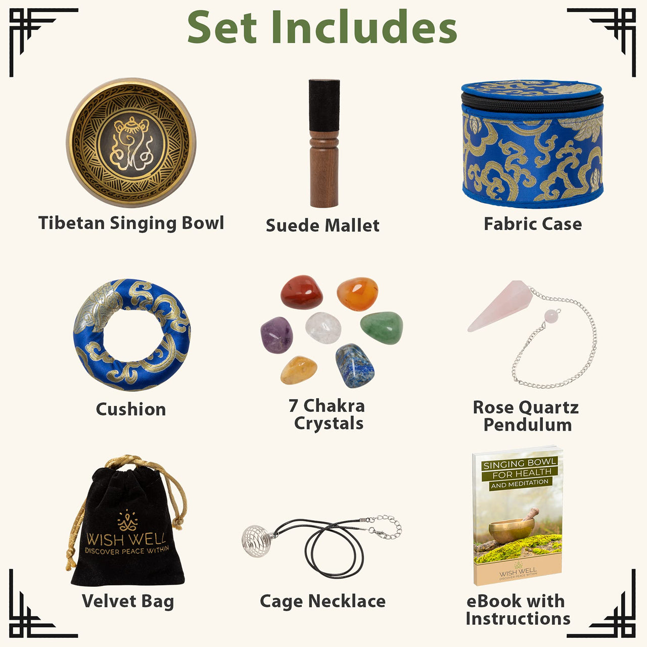 Wish Well Tibetan Singing Bowl Set ~ 4" Sound Bowl with 7 Chakra Crystal Stones, Rose Quartz Pendulum, Fabric Case, Cushion, & Mallet ~ Perfect For Meditation, Yoga, Spiritual Healing, & Mindfulness Gold Set with Healing Crystals & Case