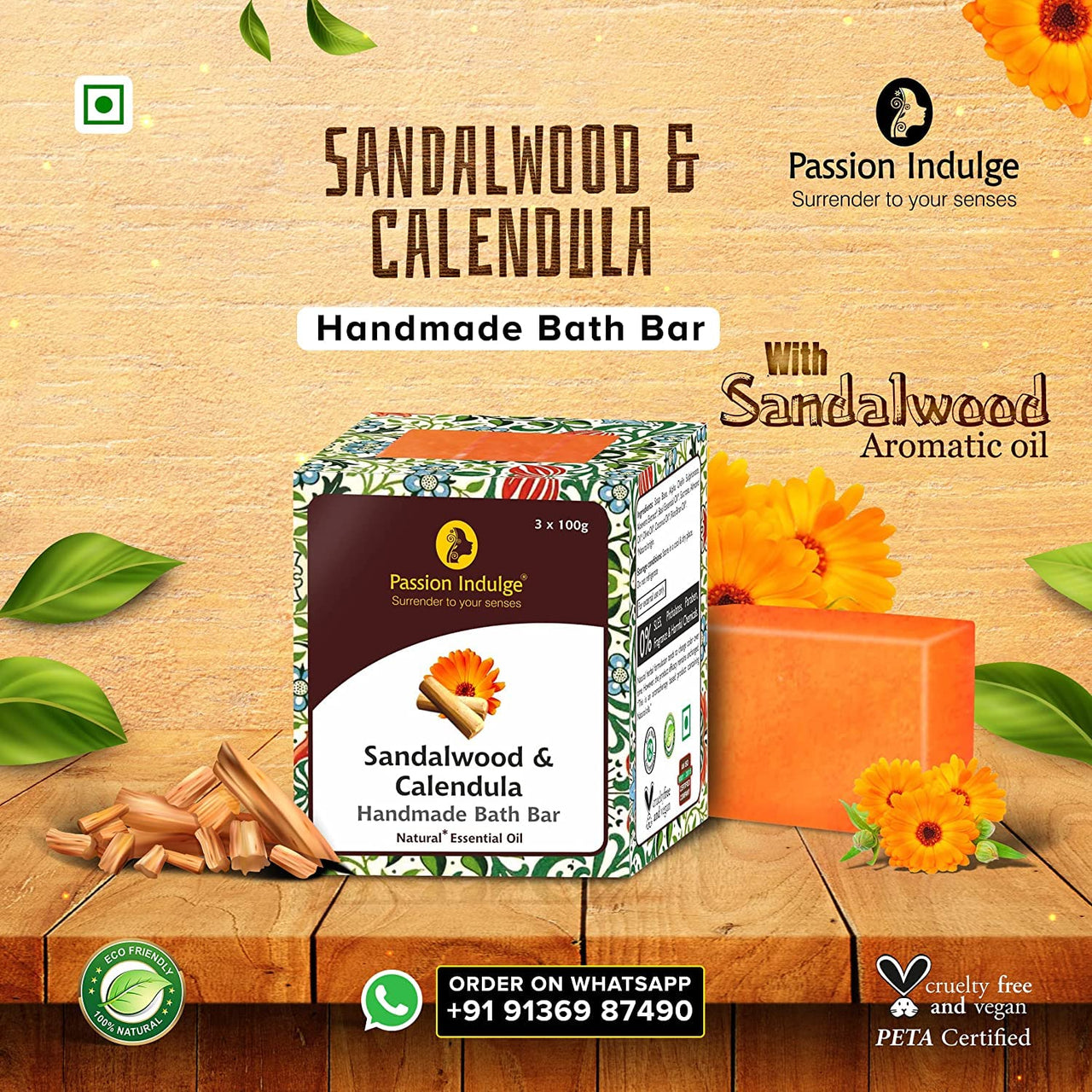 Passion Indulge Handmade Soaps Natural Bath Bar - Sandalwood, Basil (Tulasi) and Turmeric Soap Combo Pack