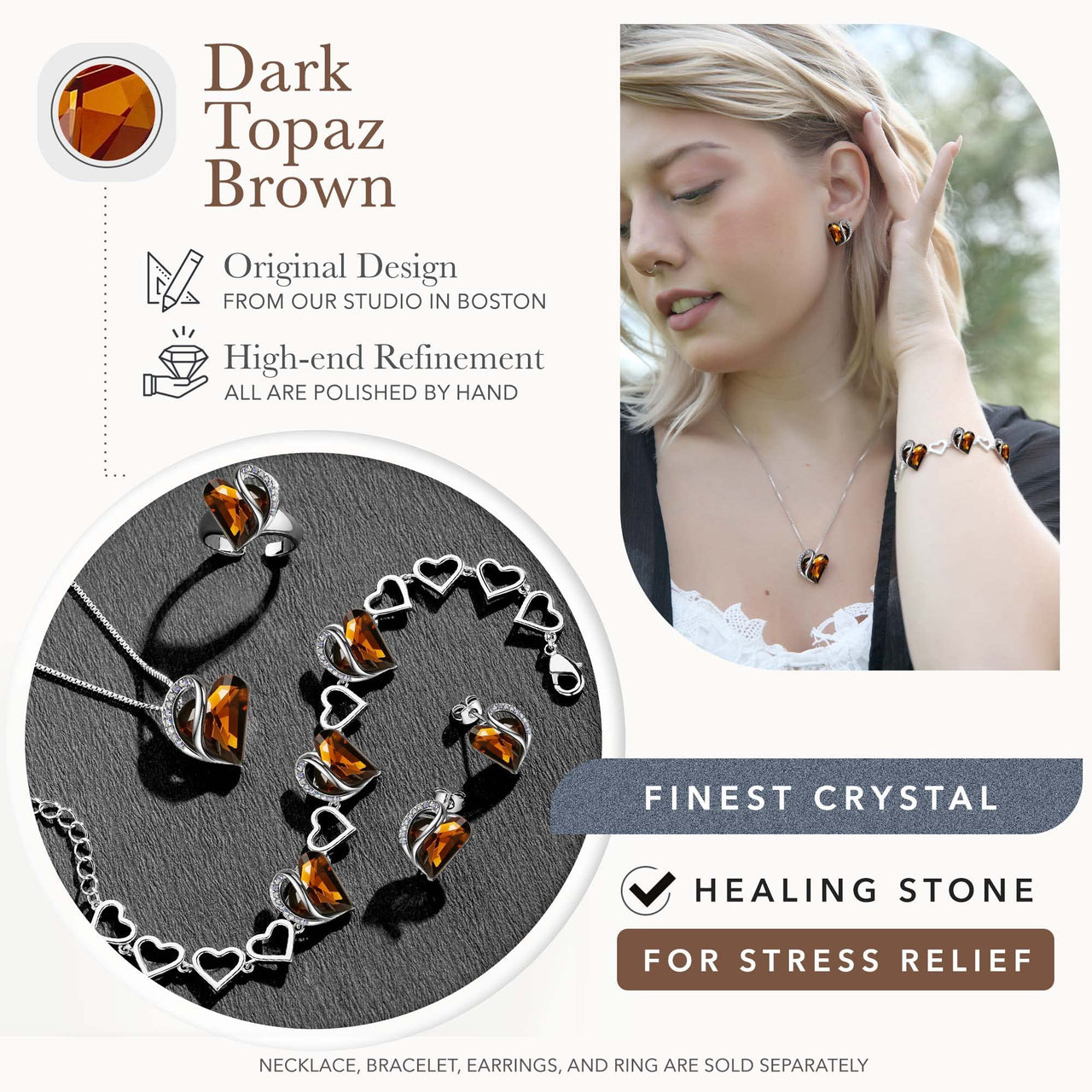 Leafael Women’s Silver Plated Infinity Love Heart Pendant Necklace with Birthstone Crystals, Jewelry Gifts for Her, 18 + 2 inch Chain, Anniversary Birthday Mother's  Necklaces for Wife Mom Girlfriend 15-Stress Relief-Dark Topaz Brown