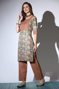 GRECIILOOKS Women's  Cotton Blend Printed Straight Kurta with Pant| A-line Kurta with Pant| Straight Printed Kurta with Pant