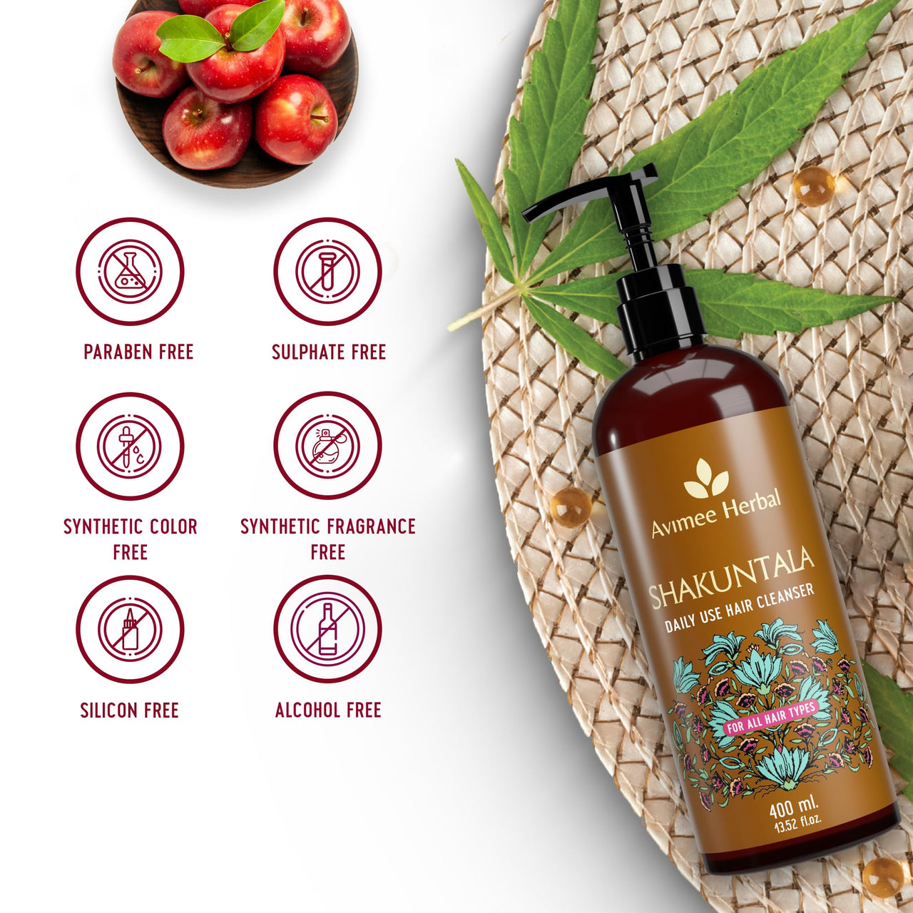 Avimee Herbal Shakuntala Daily Use Hair Cleanser | For Silky Hair | With Aloe, Apple Cider, Rice & Keratin Protein | Sulphate & Paraben Free Shampoo For Men & Women | 400 ml