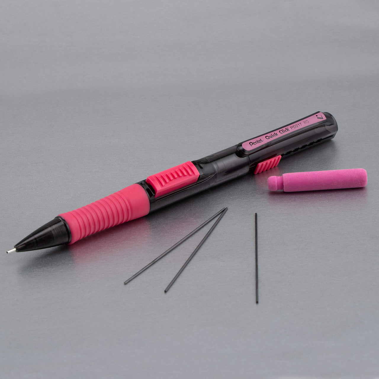 Pentel Quick Click Pop Mechanical Pencil, (0.7mm) Medium 2B Lead, Black Barrel W/Pink Trim Box of 12 (PD217AP)