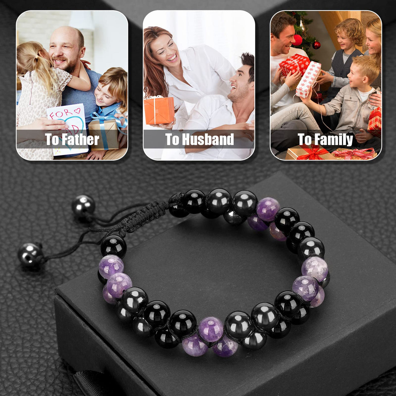 Triple Protection Bracelet for Women, Handmade Bracelet for Men Genuine Amethyst Black Obsidian Hematite 8mm Healing Crystal Bracelets Bring Luck Prosperity Happiness