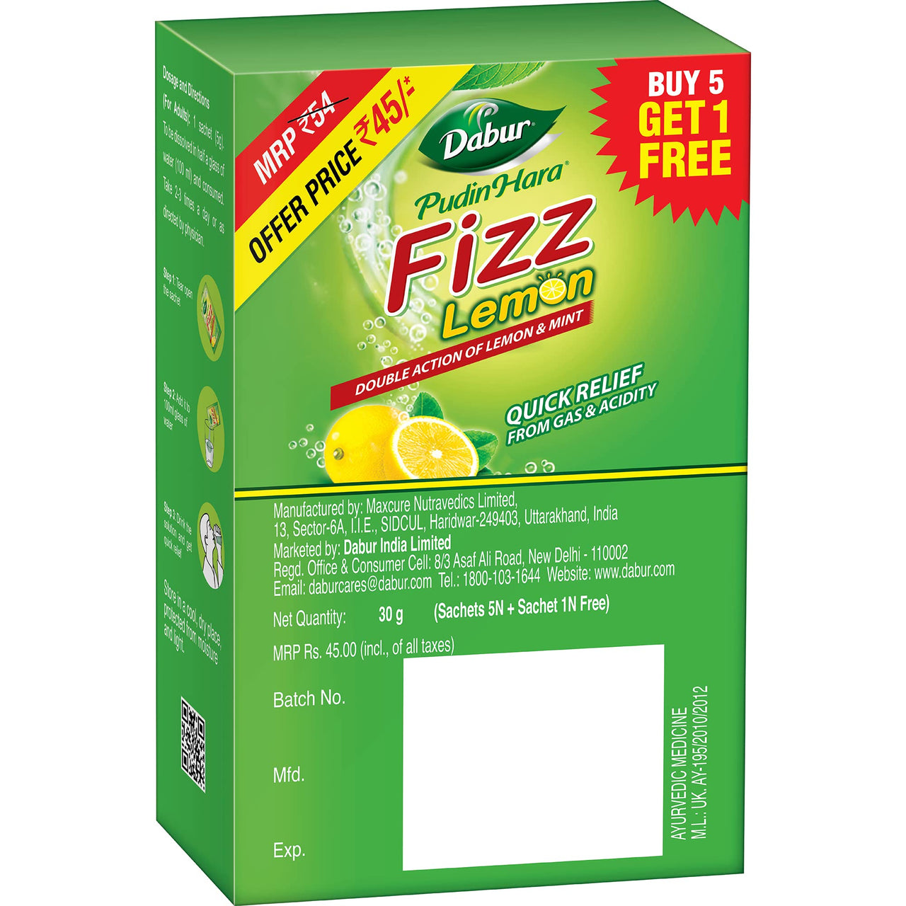 Dabur Pudin Hara Lemon Fizz - 30g (5g x 6 Sachets) | Provides Quick Relief from Gas & Acidity | Effective Cooling Effect | Double Action of Lemon & Mint