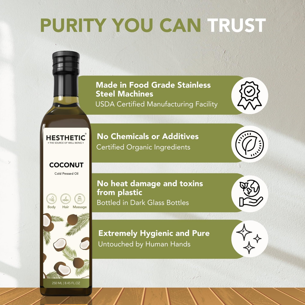 HESTHETIC - Virgin Cold Pressed Coconut Oil | 250ml | 100% Pure & Natural | Oil for Hair, Skin, Massage, Oil Pulling & More | Glass Bottle