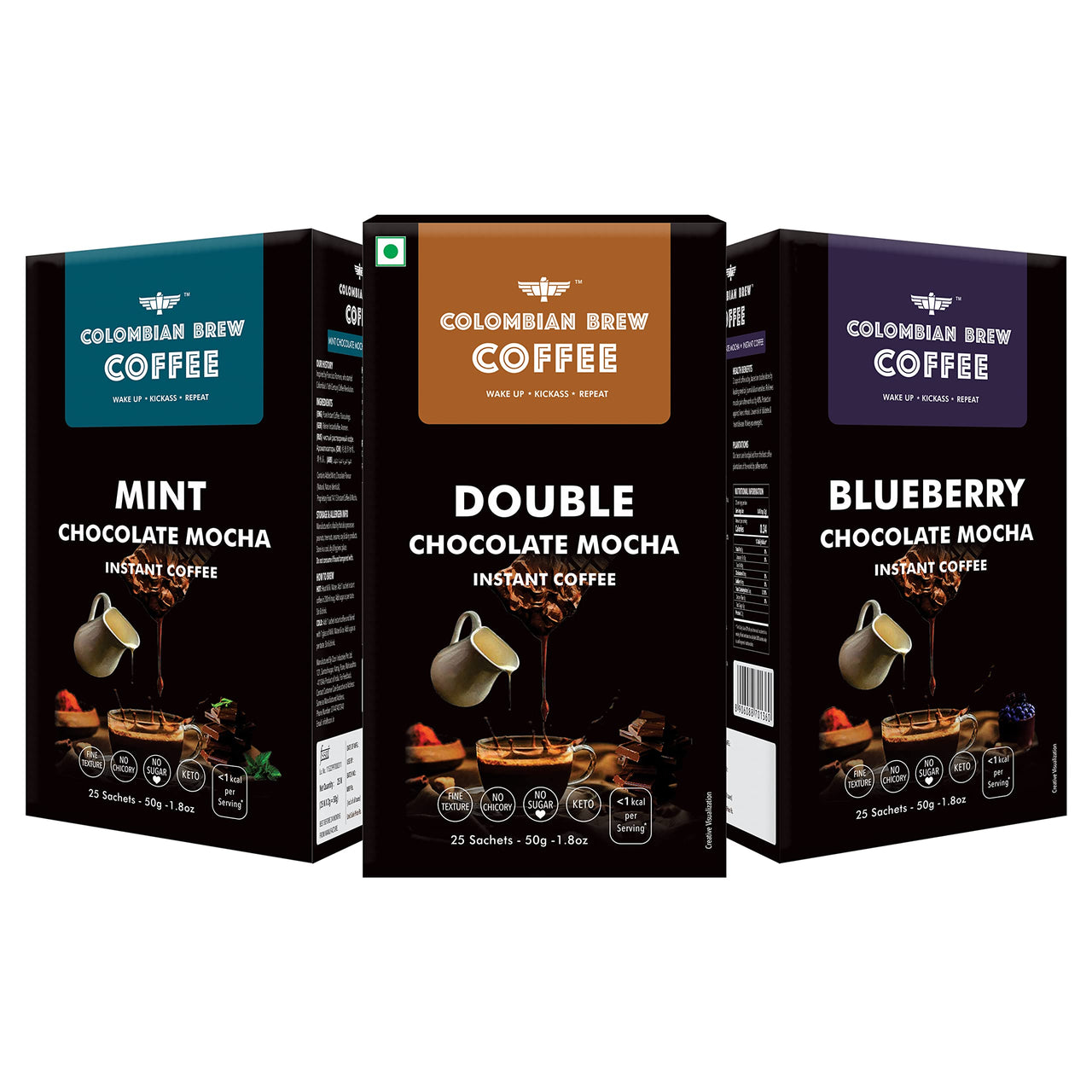 COLOMBIAN BREW COFFEE Double Chocolate Mocha, Mint Chocolate Mocha, Blueberry Chocolate Mocha Instant Coffee Powder, 3 X 50g