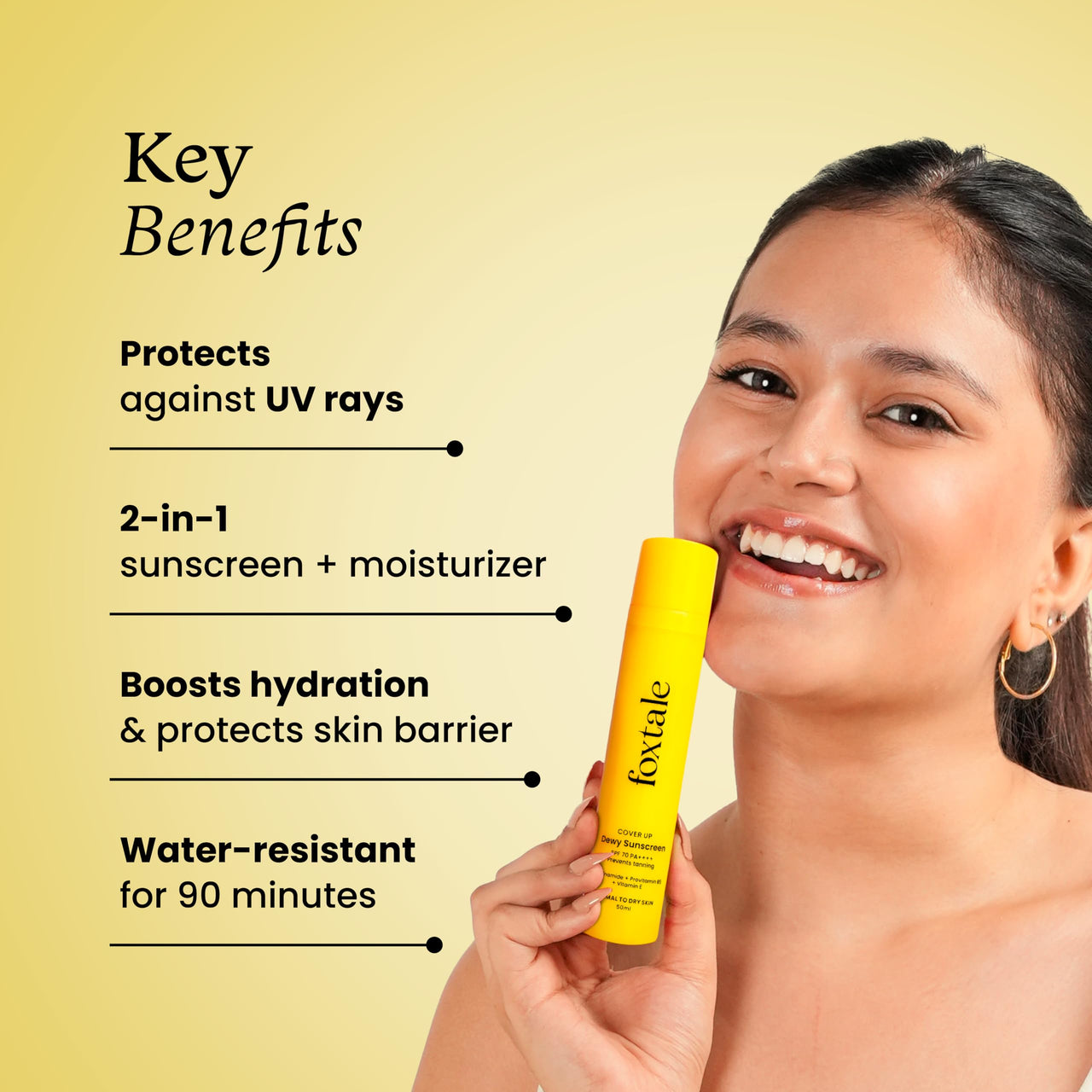 Foxtale SPF 70 Niacinamide Dewy Sunscreen with PA++++ For Dewy Sun Protection | Prevents Tan | Lightenweight, Non Greasy, No White Cast | Anti-Tan Formula | For Men & Women | 50 Ml