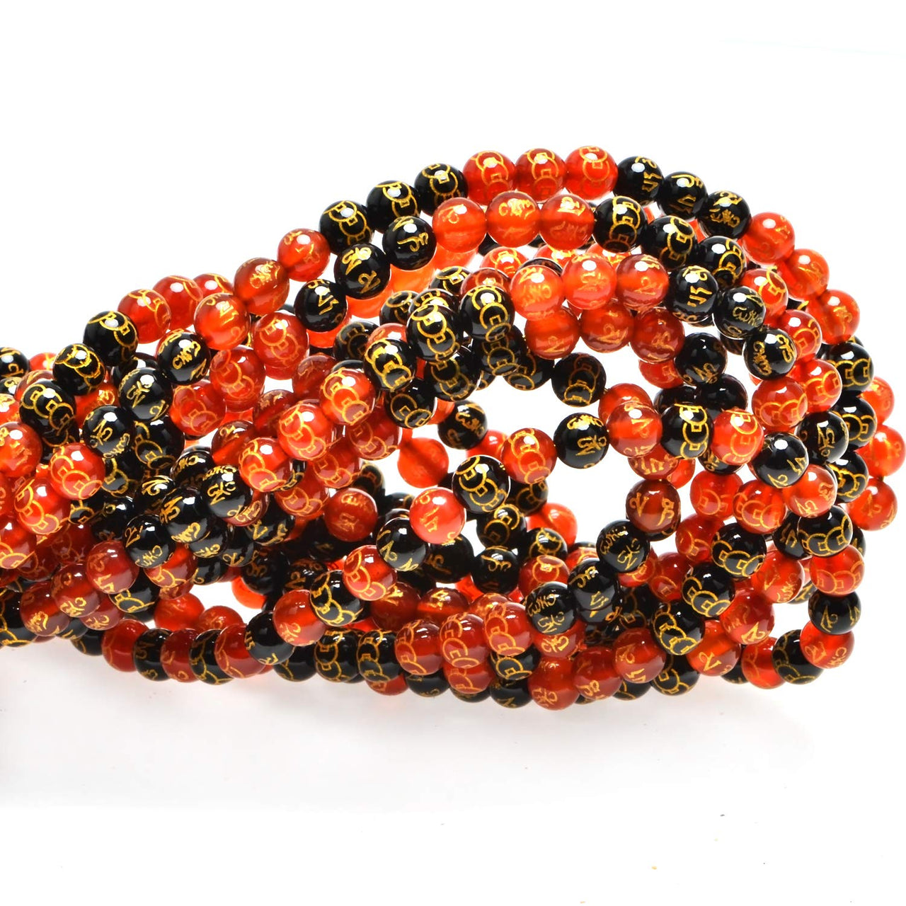 100Pcs Natural Crystal Beads Stone Gemstone Round Loose Energy Healing Beads with Free Crystal Stretch Cord for Jewelry Making (Craved Bronze Coin Mantra Red Black Agate, 6MM) Craved Bronze Coin Mantra Red Black Agate