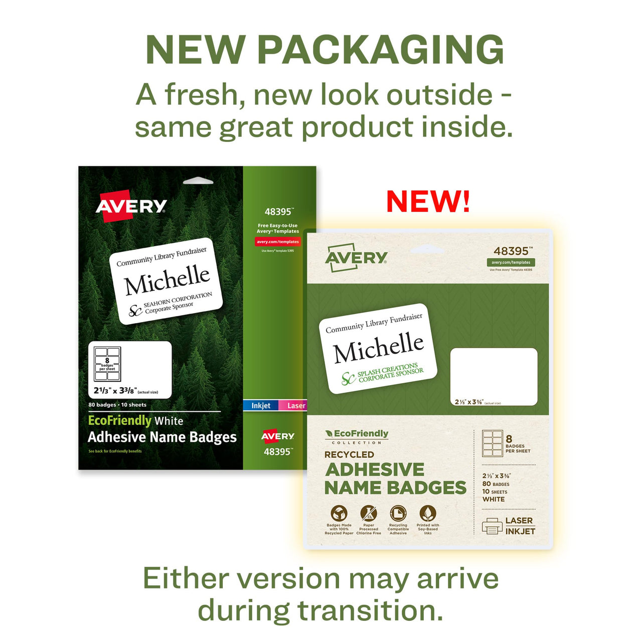 Avery EcoFriendly Recycled Name Tags, 2-1/3" x 3-3/8", White, Removable Adhesive, 80 Printable Name Badges (48395)