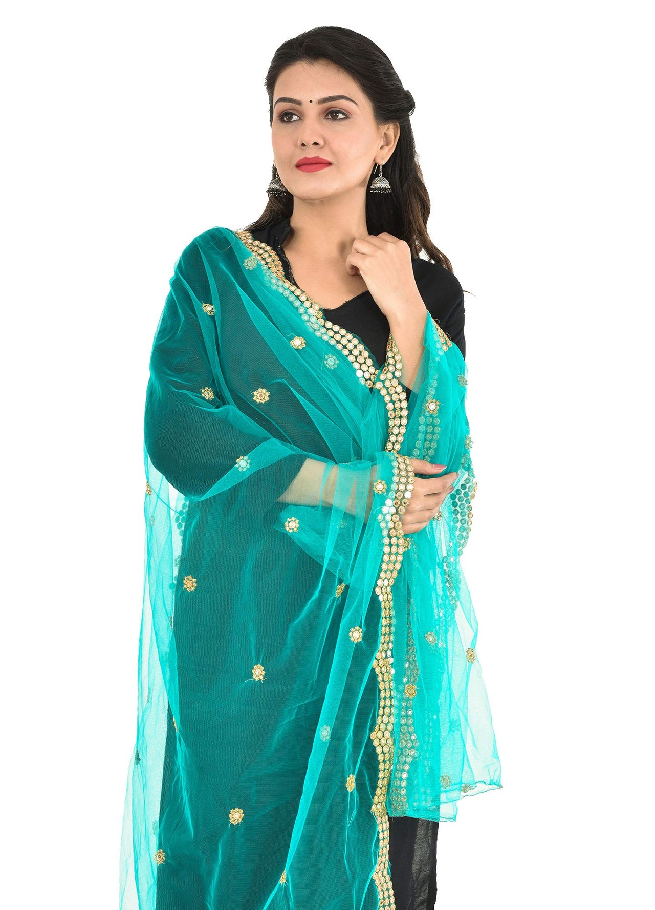 YOUTHQUAKE Heavy Embellished Plastic Mirror Net Dupatta for Womens & Girls