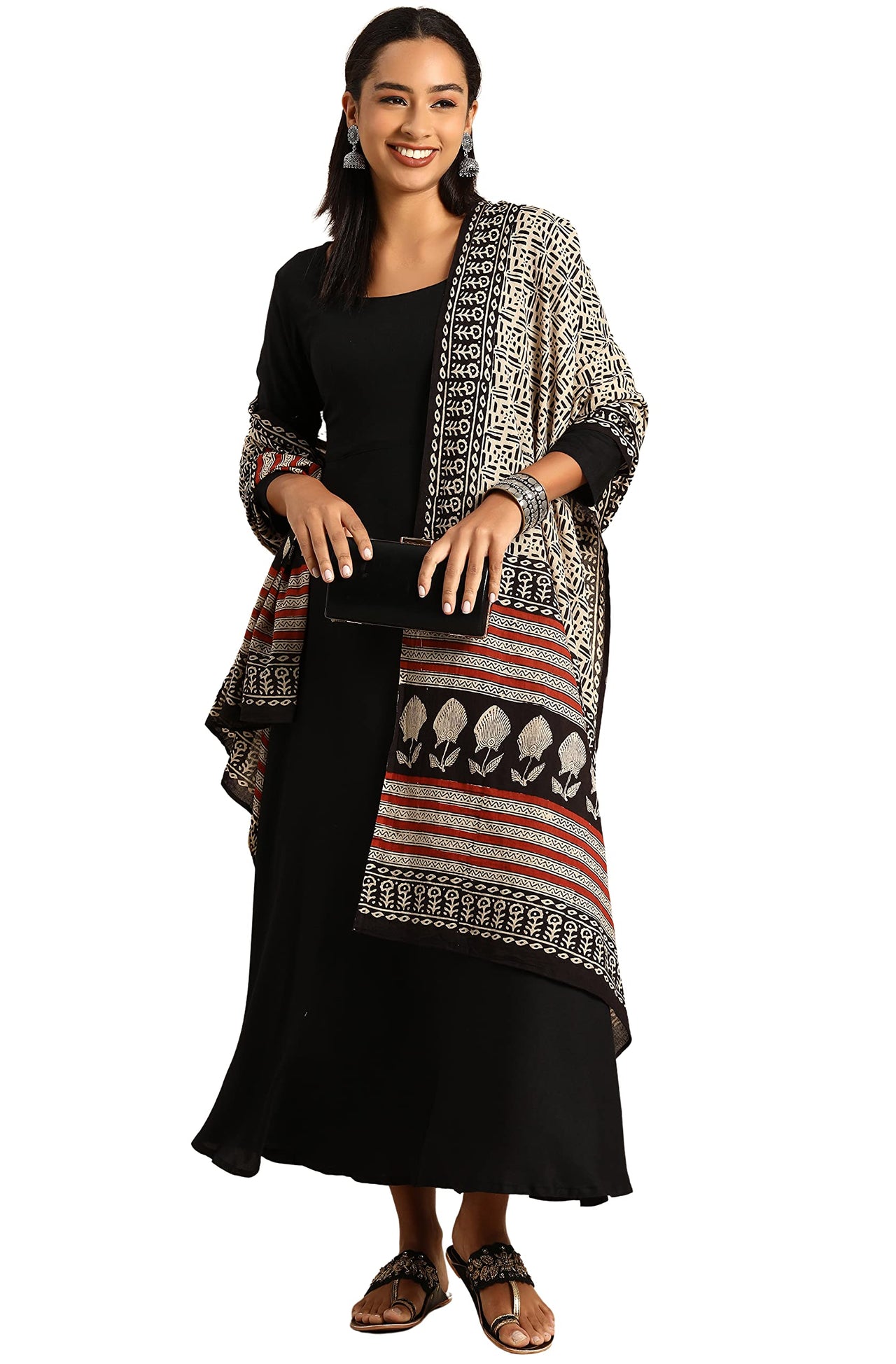 Janasya Women's  Black Rayon Kurta with Dupatta