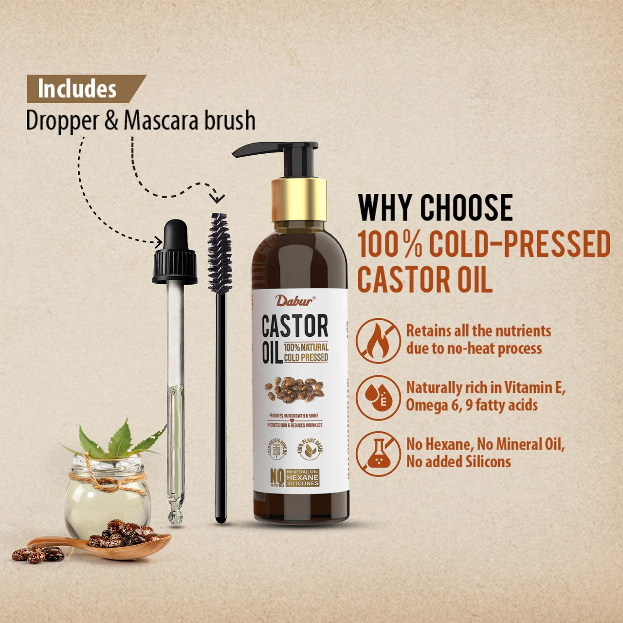 Dabur Castor Oil - 200ml | 100% Natural Cold Pressed Oil | Promotes Hair Growth, Hydrates Skin & Reduces Wrinkles | No Mineral Oil & Silicones