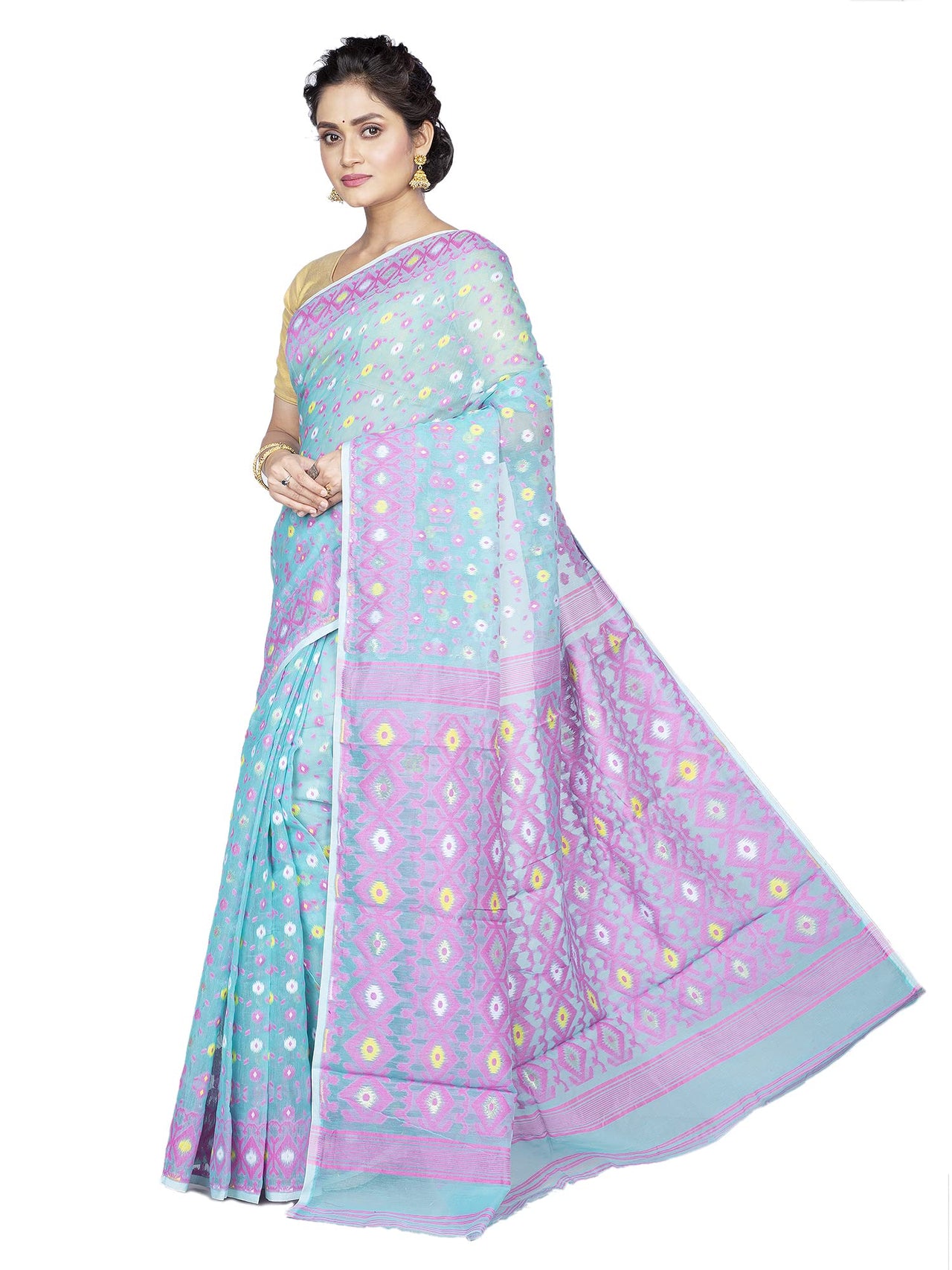 T.J. SAREES Women's  Jamdani Silk Blend Saree Without Blouse Piece