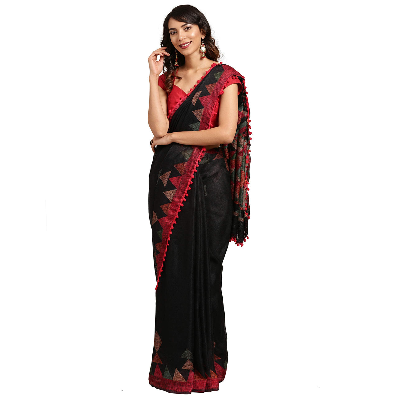 Womanista Women's  Printed Cotton Blend Saree with Pom