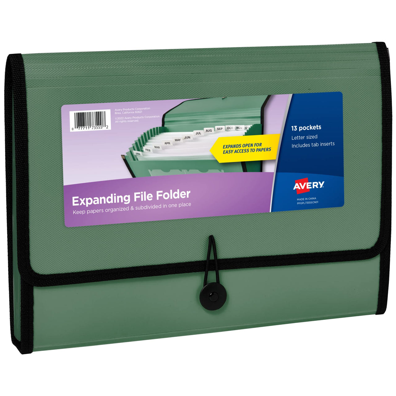 Avery Expanding File Folder Organizer, 13-Pocket Accordion File Organizer, Sage, Holds 425 Letter/A4-Size Sheets (73555) 13 Pockets