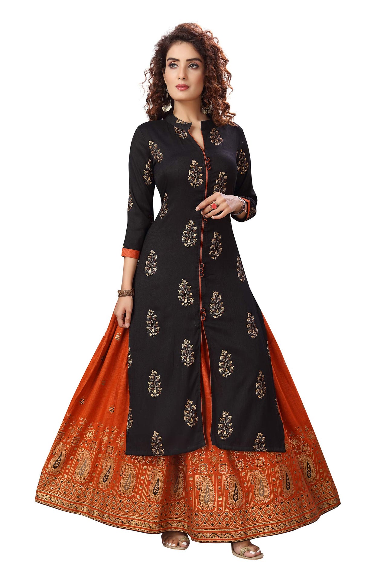 madhuram textiles Women's  Straight and 3/4th Sleeves Fully Stitched Plain Printed Slab Rayon Kurtis and Knee Length with Round Neck Long Kurti with Skirt Set