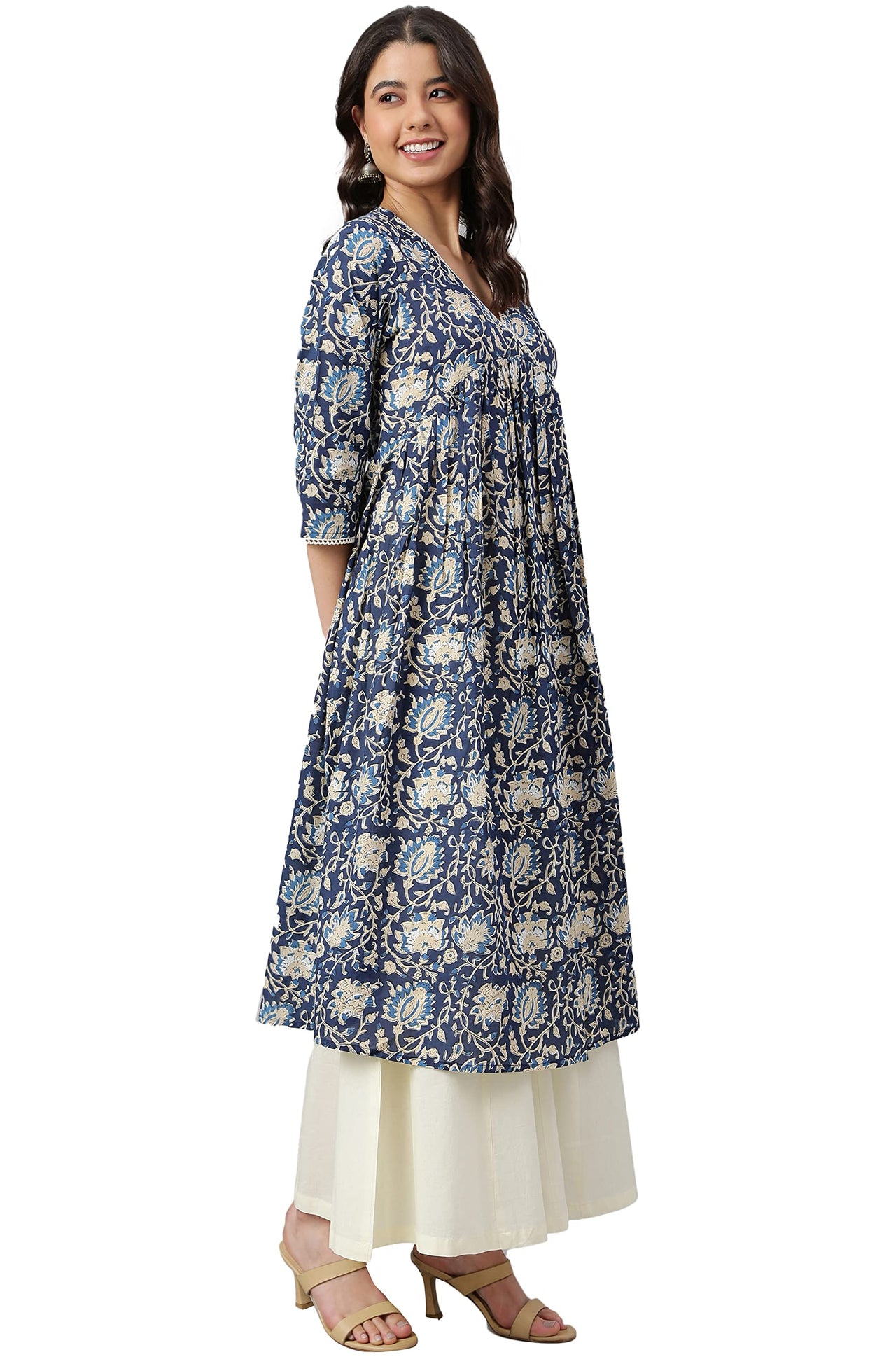 Janasya Women's  Navy Blue Cotton Floral Print Flared Kurta