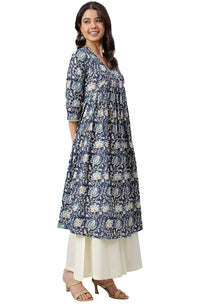 Janasya Women's  Navy Blue Cotton Floral Print Flared Kurta