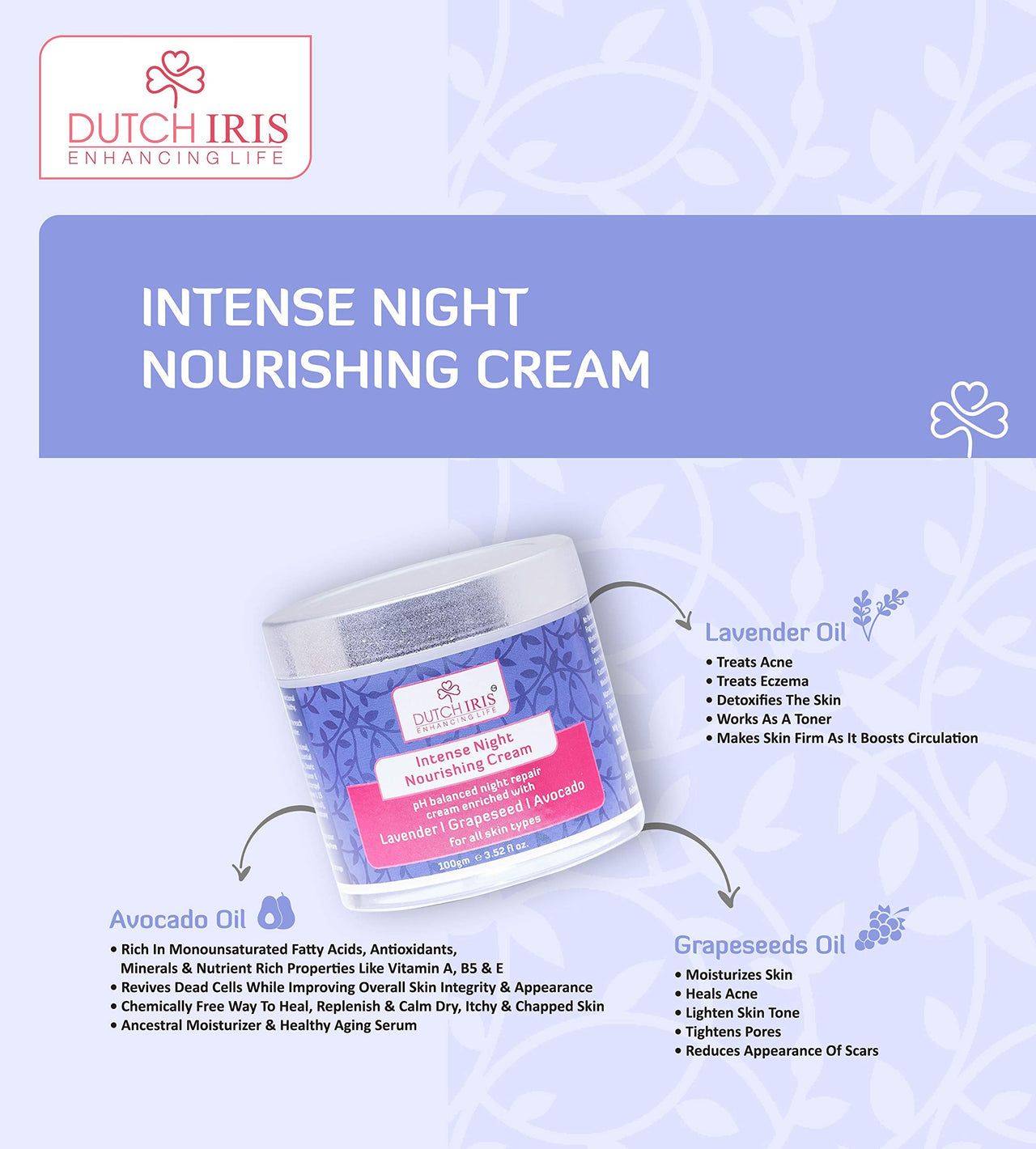 Dutch Iris Intense Night Nourishing Cream | Lavender, Grapeseed & Avocado Extracts | Paraben & SLS Free | Deep Hydration & Anti-Aging | Natural Care for All Skin Types | For Women & Men (Unisex) I100g