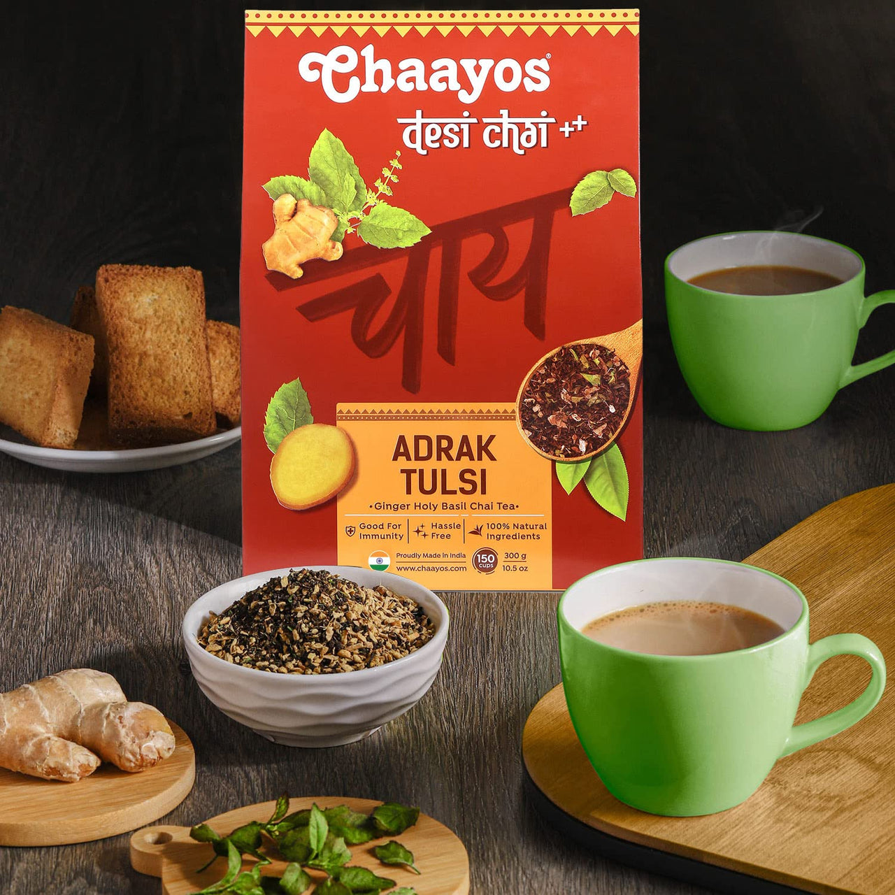 Chaayos Adrak Tulsi Tea - Premium Chai Patti for Stronger Immunity - 1kg (500 Cups) | Flavoured Tea | Black Tea | Ginger and Basil Masala Tea | Assam Tea | Chai Masala