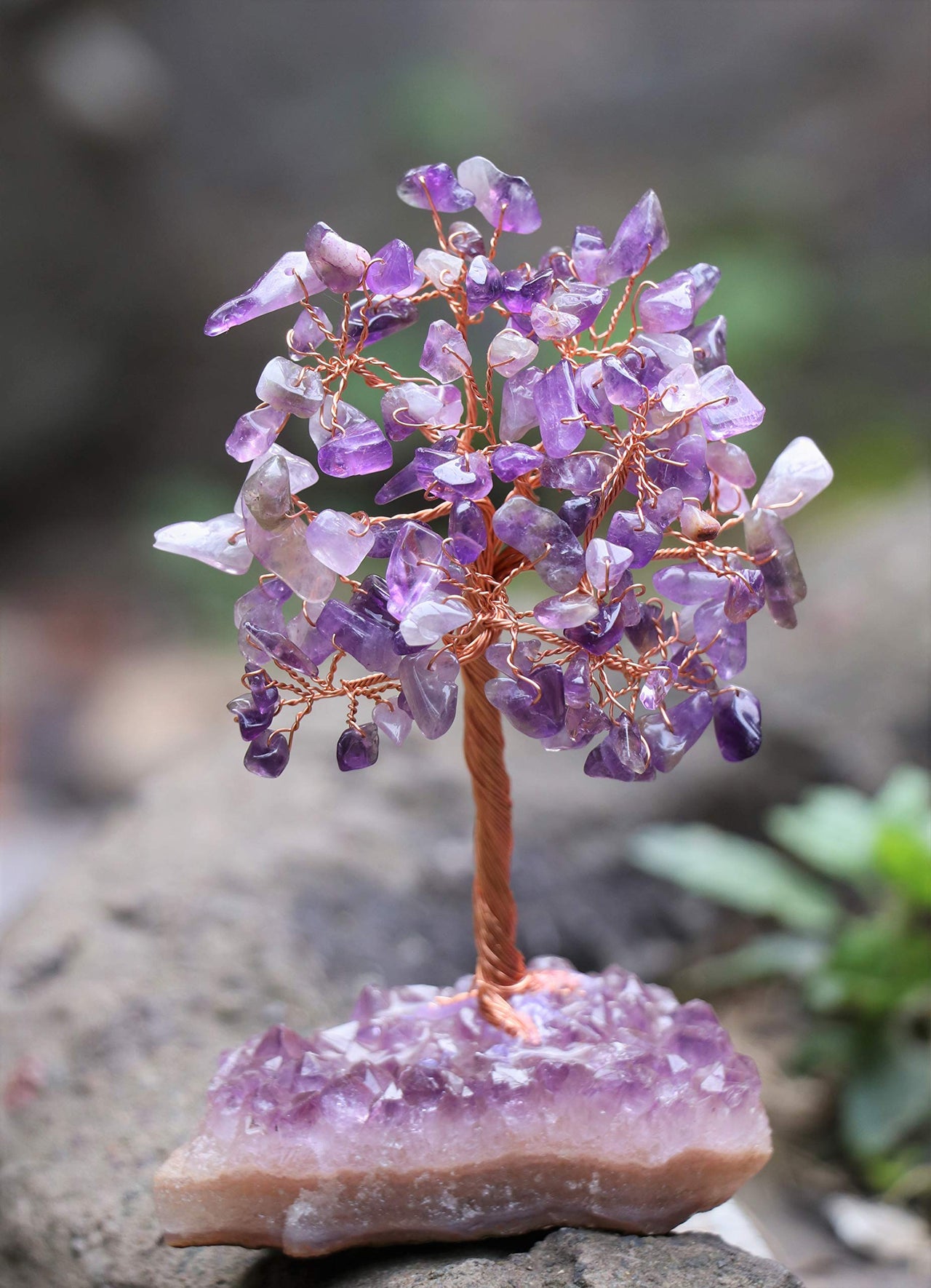 Amethyst Chakra Tree of Life - Natural Amethyst Cluster Base, Crystal Tree for Positive Energy, Handmade Gemstone Tree, Feng Shui Decor - Wire Money Tree Bonsai, Purple Healing Crystal, Spiritual Gift Ac Amethyst Cluster Base