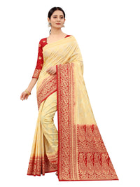 SATYAM WEAVES Women’s Daily/Party/Wedding/Casual Wear Rapier Jacquard Banarasi Cotton Silk Saree With Jacquard Designed Unstitched Blouse Piece