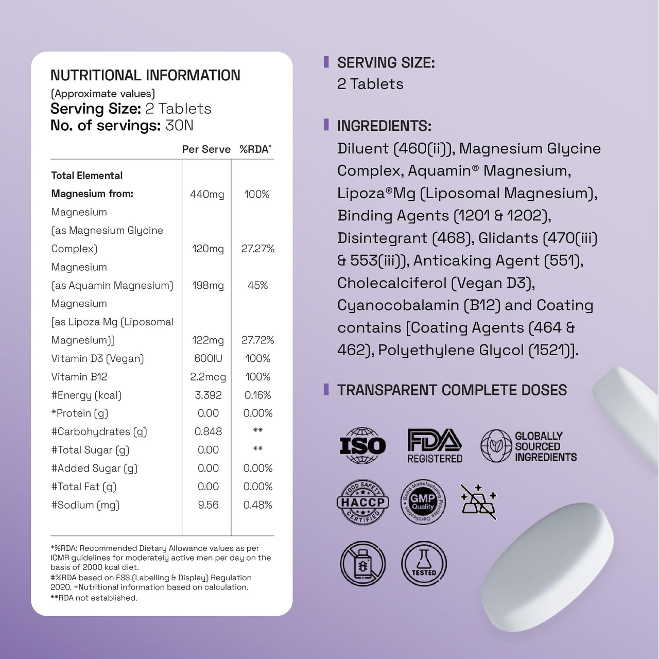 Ace Blend Max Magnesium (120 tablets) | 1600mg Triple Complex | 440mg Elemental Magnesium | Calcium, Vegan Vitamin B12 & D3 | Promotes Deep Sleep, Muscle Recovery & Heart Health