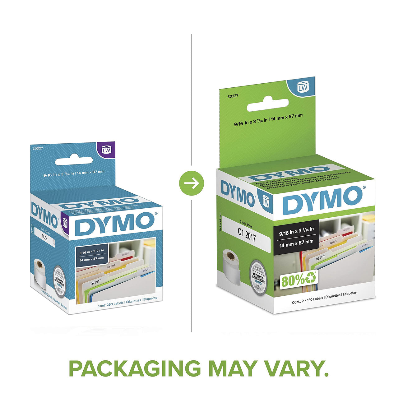 DYMO Authentic LW 1-Up File Folder Labels, DYMO Labels for LabelWriter Label Printers, White, 9/16" x 3-7/16", 2 Rolls of 130 (260 Total)