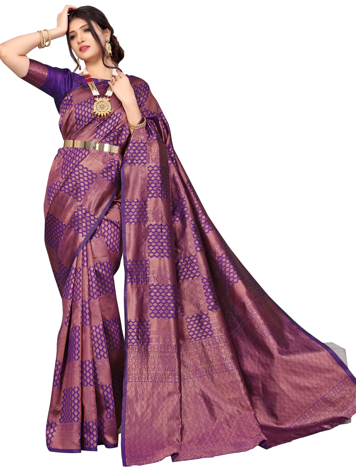 Satrani Women's Jacquard Poly Silk Saree With Unstitched Blouse Piece