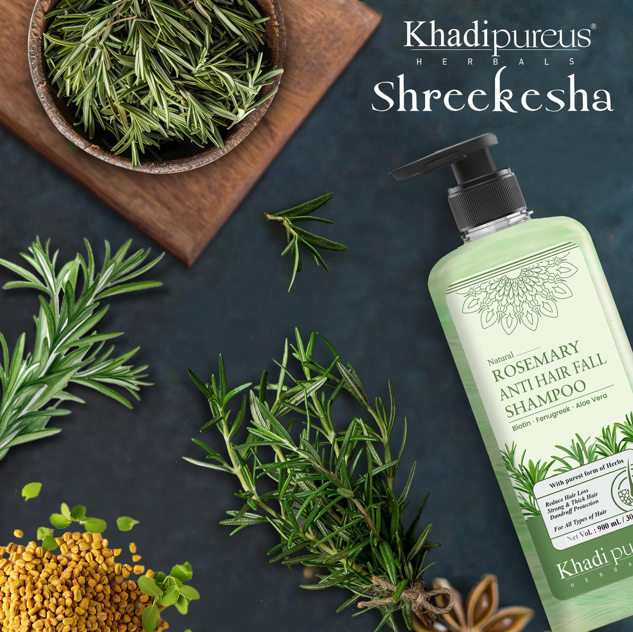 Khadi Pureus Herbals Shreekesha Rosemary Anti Hair Fall Shampoo for Hair Growth, Reduce Hair Loss & Damage, Hair Fall Control, Anti Dandruff & Frizzy hair | Herbal Hair Cleanser with properties & Pure Powerful Natural Ingredients for Women & Men (900 ml)