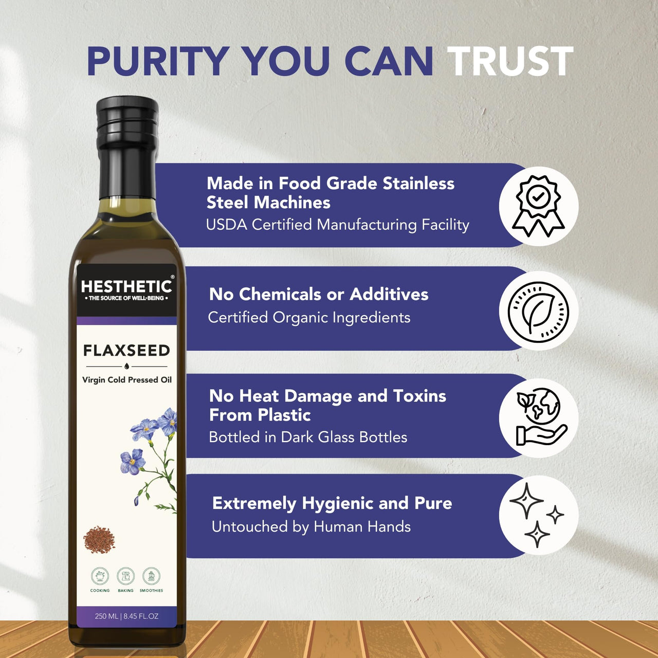 HESTHETIC Virgin Cold Pressed Flaxseed (Alsi) Oil | 100% Pure & Natural - 250 ml | Glass Bottle