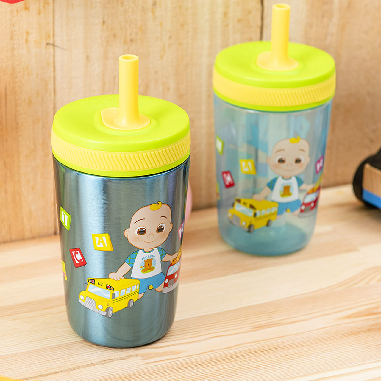 Zak Designs CoComelon Kelso Tumbler Set, Leak-Proof Screw-On Lid with Straw, Bundle for Kids Includes Plastic and Stainless Steel Cups with Bonus Sipper (3pc Set, Non-BPA), 15 fluid ounces