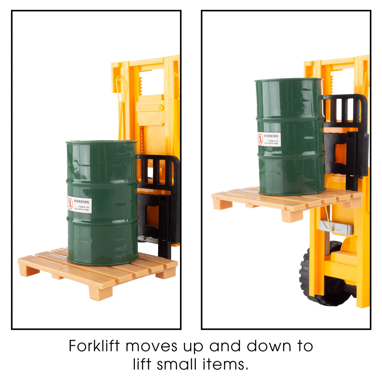 Hey! Play! Remote Control Toy Forklift– 1:24 Scale, Fully Functional RC Fork Truck with Lights and Sound, Includes Pallet, Pretend Barrel for Kids,Brown/a