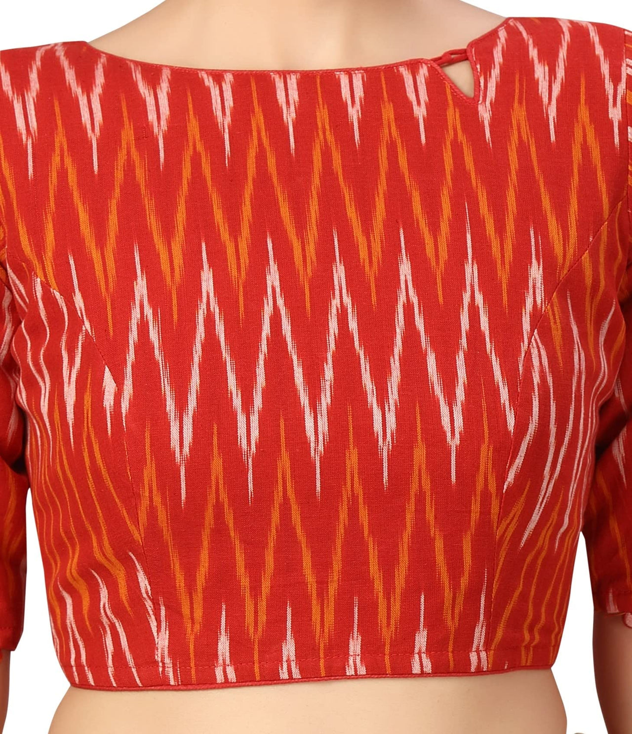 X3 Women's  Red Ikkat Pure Cotton Stitched Saree Blouse with Elbow Length Sleeves