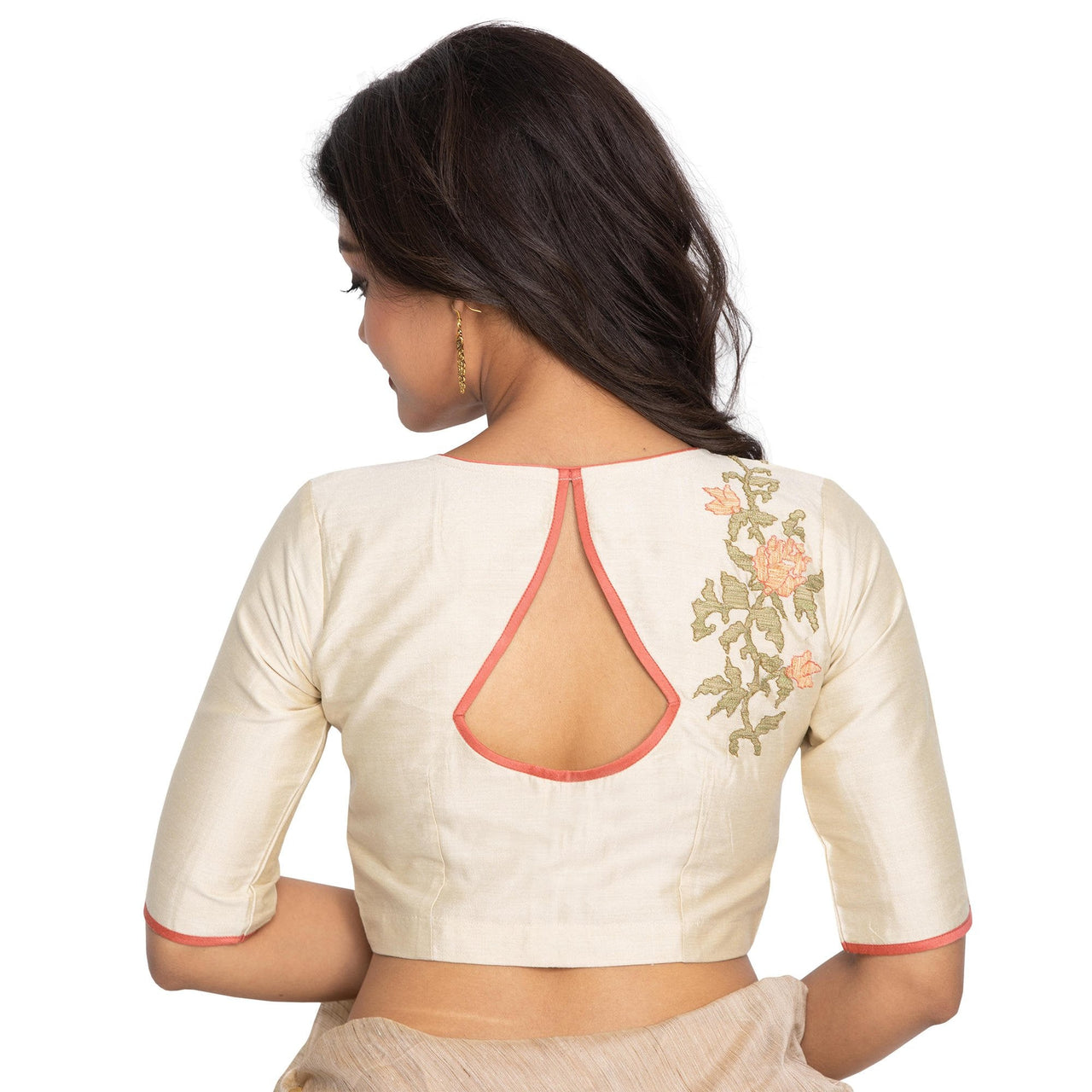 RENE Women's  Cotton Silk Floral Embroidered Half Sleeve Blouse