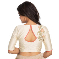 RENE Women's  Cotton Silk Floral Embroidered Half Sleeve Blouse