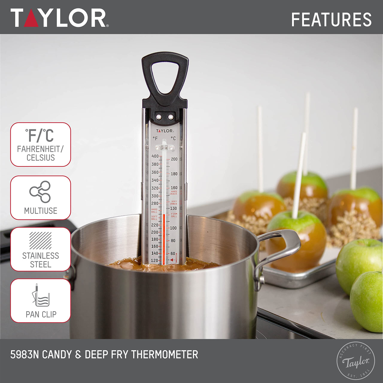 Taylor Stainless Steel Candy Deep Fry Food Cooking Kitchen Analog Thermometer, 12 Inches Traditional