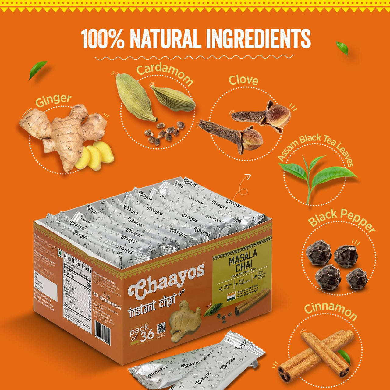 Chaayos Instant Tea Premix - Masala Chai Flavour - Regular Sugar (14 Grams * 36 Sachets) (Makes 504g) | Masala Tea Powder | Premix Tea | Masala Chai | Assam Tea | Desi Chai