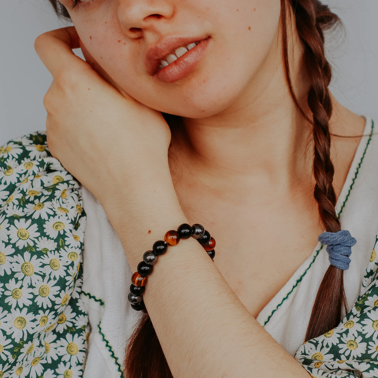 Crystal Vibe 8mm Triple Protection Bracelet - Beaded Bracelet with Natural Stones of Tiger Eye, Hematite, Black Obsidian - Elastic Adjustable Crystal Bracelet for Anxiety Relief, Spiritual Healing