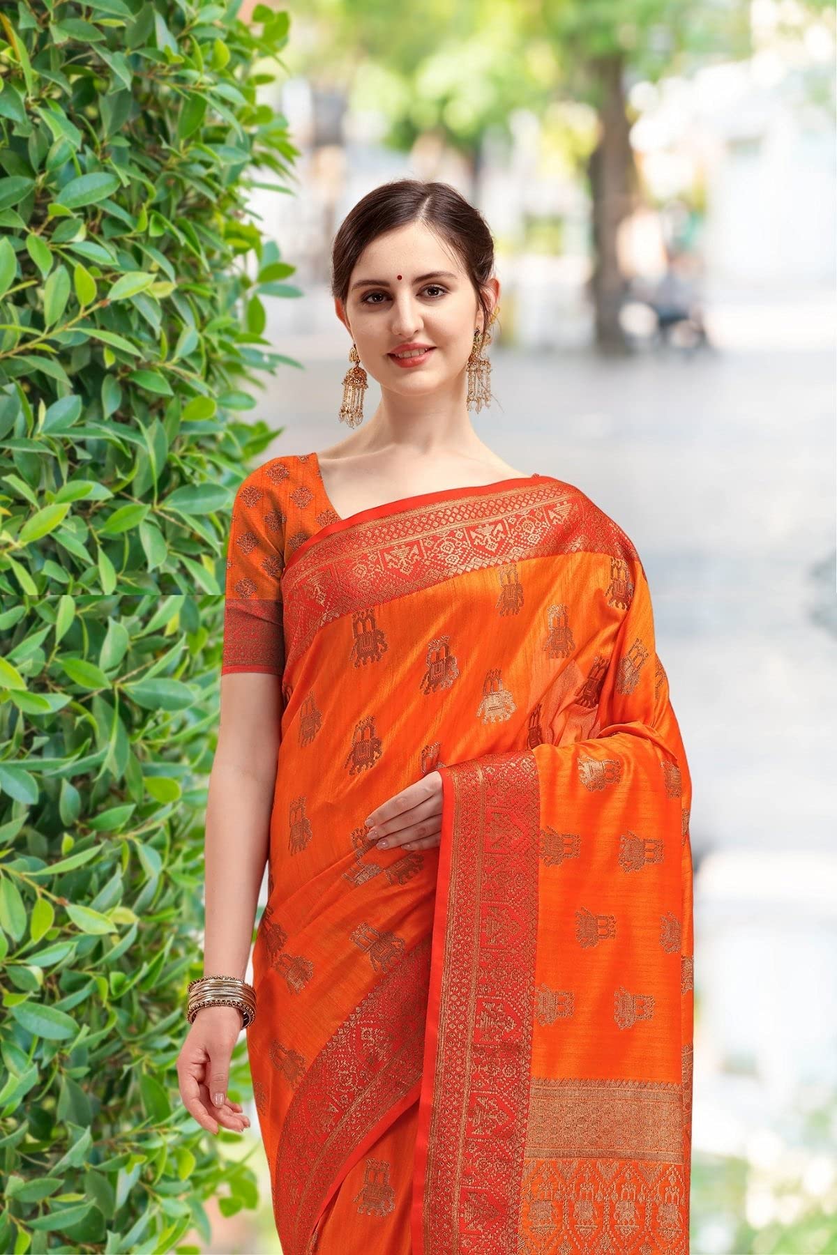 NK Textiles Women's  Elephant Motifs Woven Kanjivaram Ghicha Tussar Silk Saree with Fancy Tassels