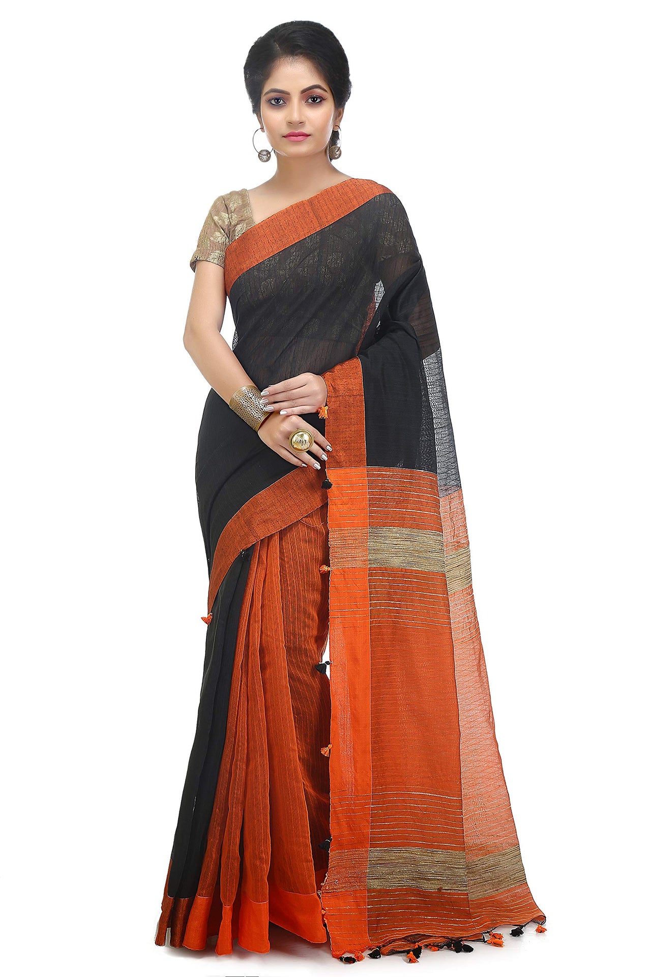 BENGAL HANDLOOM Women's  Art Silk Cotton Stripe Saree With Blouse Piece