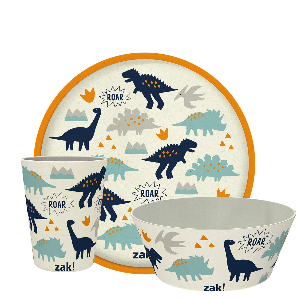 Zak Designs Kids Dinnerware Set 3 Pieces, Durable and Sustainable Melamine Bamboo Plate, Bowl, and Tumbler are Perfect For Dinner Time With Family (Zaksaurus) 8" Plate, 6" Bowl, 10oz Tumbler Zaksaurus